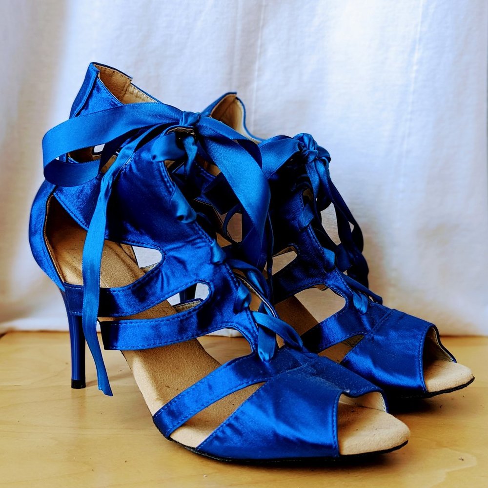 Sexy Royal Blue Lace-Up Salsa Heels (GFranco, Size 11, NWOT)